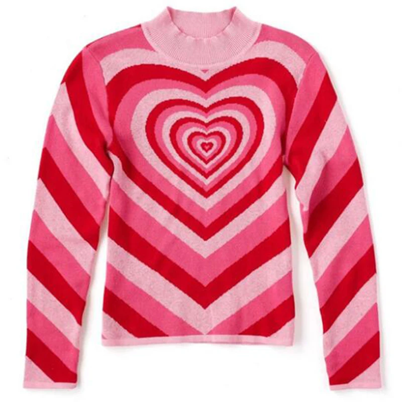 

Love Heart Pattern Sweater Color Matching Rainbow Pullover Women's Autumn Lazy Oaf Retro Round Collar Slim Knitted Shirt s518