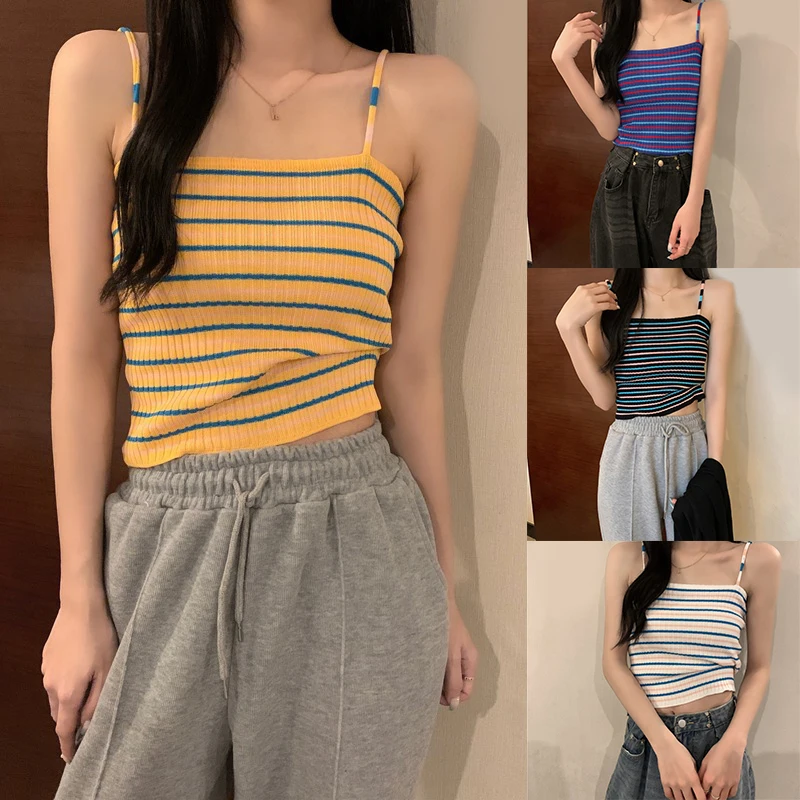 

Rainbow Striped Camisole Women Summer Knitted Sleeveless Slim Tank Tops Sexy Basic Chic Colorful Crop Top Streetwear Camis
