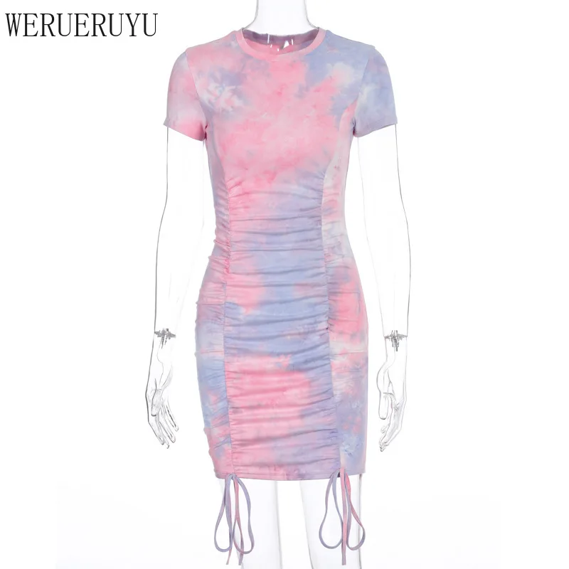 

2021 New Sexy Tie Dye Print Bodycon Dress Summer Drawstring Ruched Short Sleeve Mini Dresses Clubwear Vestidos women clothing