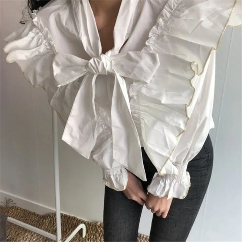 

ZAWAHIKI Korean White Solid Bow Neck Ruffles Elegant Blusas Mujer 2021 Spring Puff Sleeve Fashion New Women's Blouse