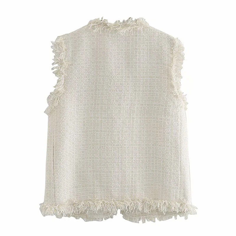 

Woman Waistcoat Jacket Veste Sans Manche Fringe Stitching Fake Pocket Kurtka Damska Wiosenna Tweed All-Match Loose Sleeveless