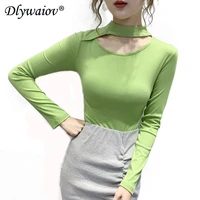 womens ripped sexy long sleeved korean t shirt tops 2022 halter neck t shirts female spring autumn clothes cotton casual tees