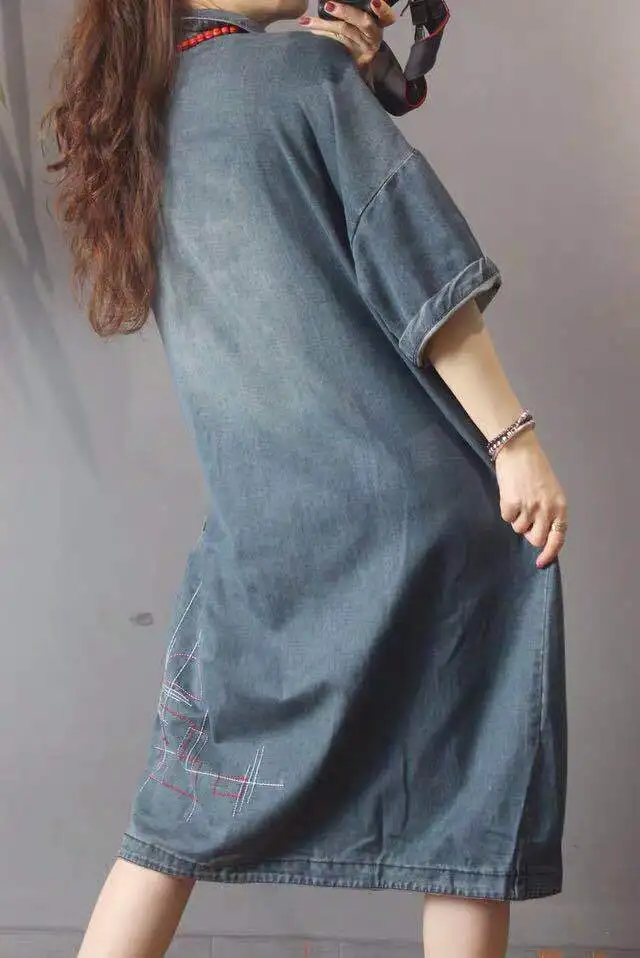 

Retro Vintage New 2021 Women Denim Long Dresses Casual Loose patchwork female Dresses wholesale T148