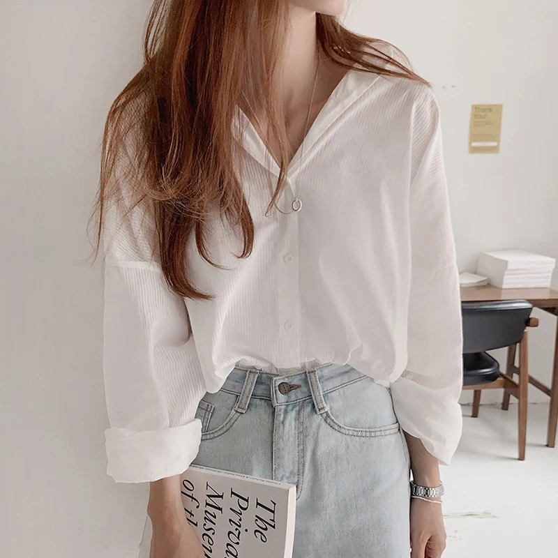 

BETHQUENOY Chemise Femme Blue White Blouses Spring Lady Tops Simple Shirts Women Clothes Blusas Camisas Mujer 2021 Dames Kleding