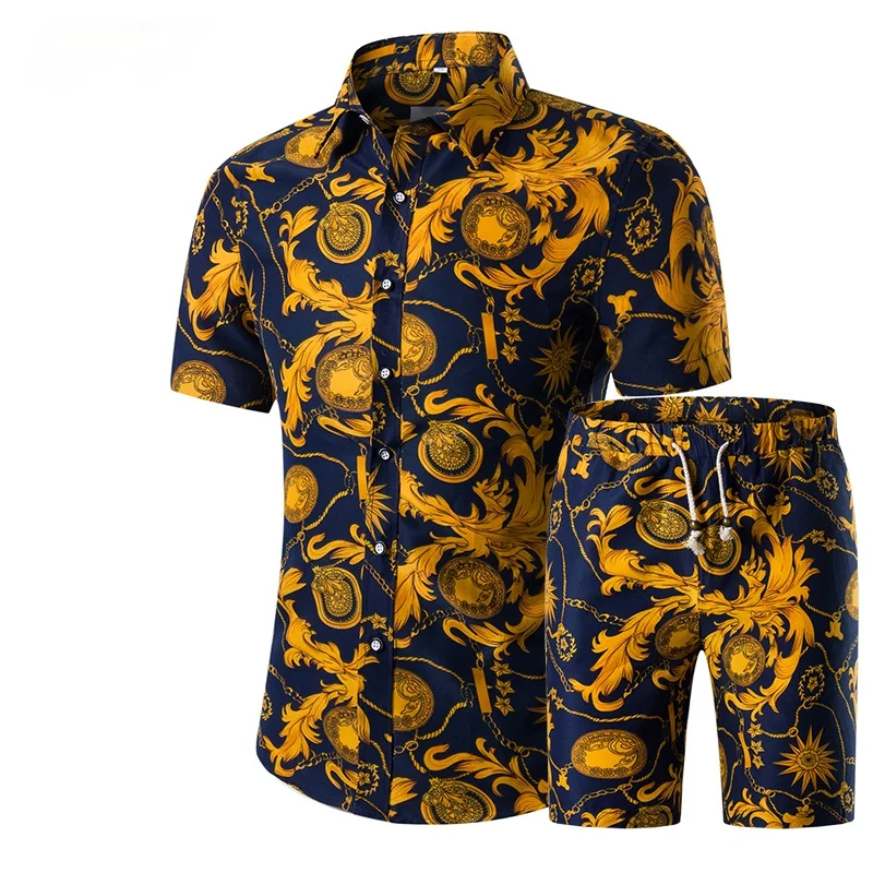 

Summer Mens Fashion 2021 Gold Luxury Designer Shirts For Mens Set Fancy Hawaii Beachwear Floral Printed Mens Short Sleeve Club