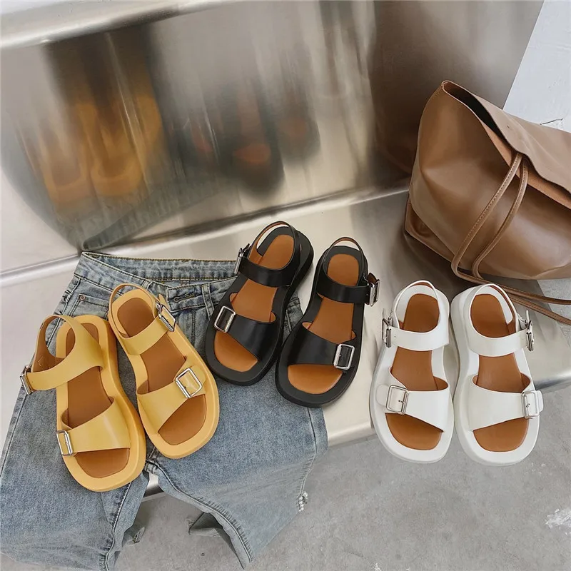 

Woman Sandals Flat Shoes 2021 New Fashion Sandals Summer Round Toe Mid Heel Black White Buckle Basic Size 35-40
