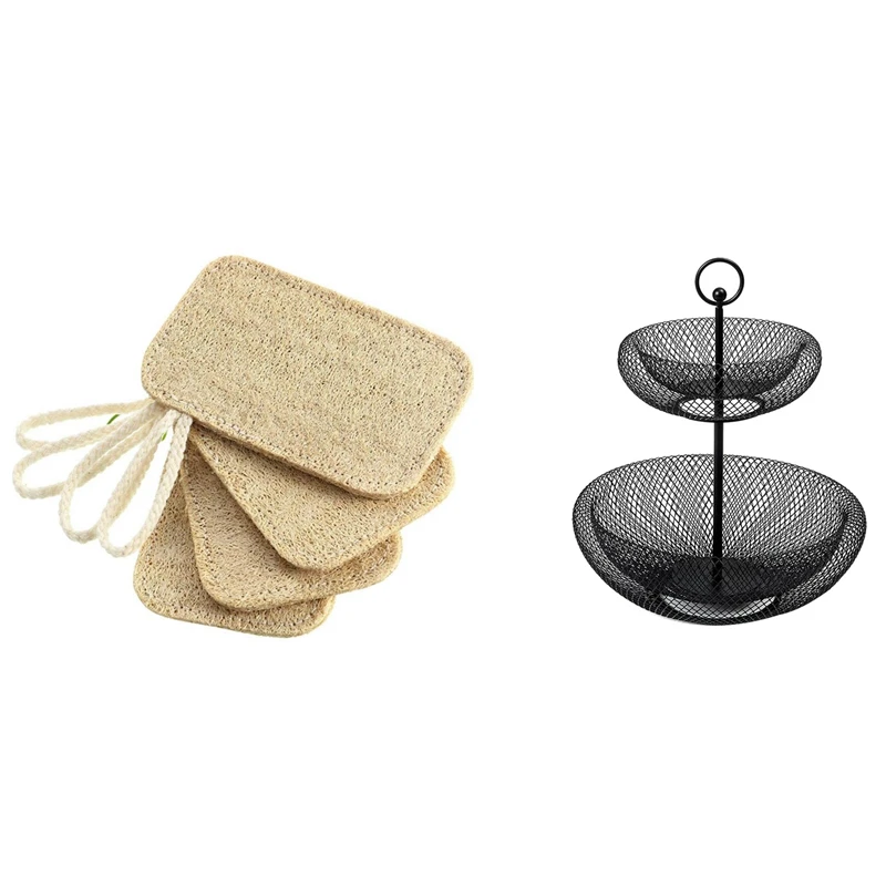 

4 Pcs Dishwashing Scrub Kitchen Loofah Sponge Scourer With 2-Tier Fruit Basket,Wire Fruit Bowls Holder