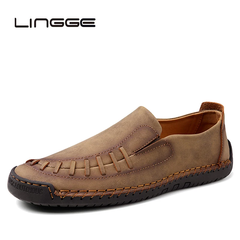 

LINGGE Mens Shoes Casual Luxury Brand Men Loafers Summer Split Leather Moccasins Breathable Mens Slip On Shoes Size 38-46