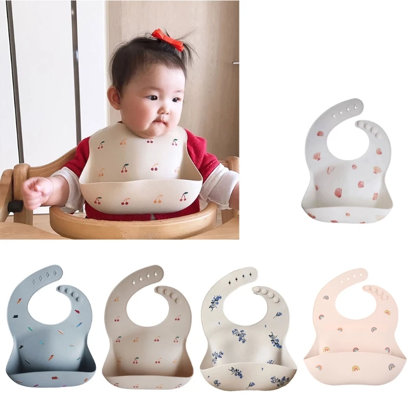 

Cartoon Printing Baby Bibs Waterproof Soft Silicone Baby Feeding Catcher Adjustable Roll up Food Pocket for Infants