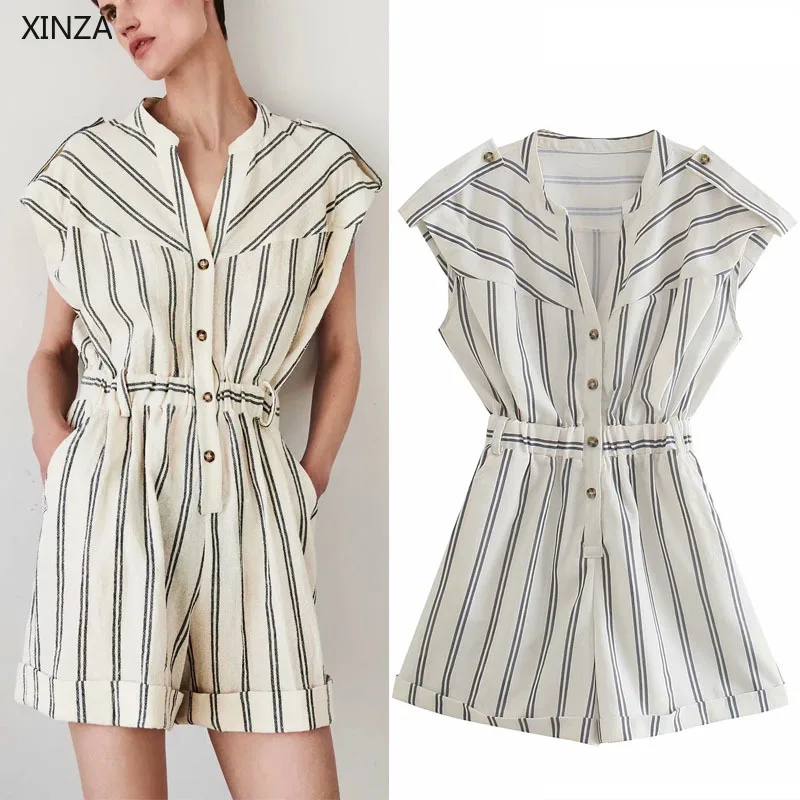 

2021 ZA для женщин Летний полосатый короткий комбинезон без рукавов с эластичной резинкой на талии для Стиль легкий костюм с шортами шикарная ...