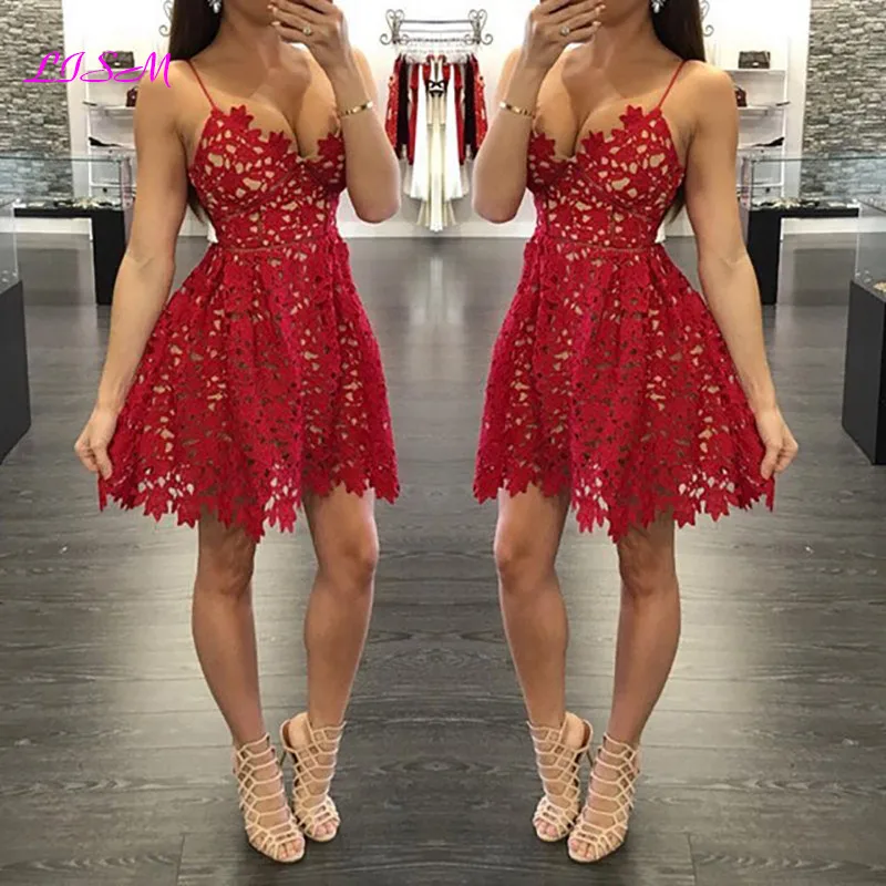 Купи A-Line Spaghetti Straps Lace Short Mini Homecoming Dress Sexy Sweetheart Cocktail Dresses Graduation Gowns за 4,763 рублей в магазине AliExpress