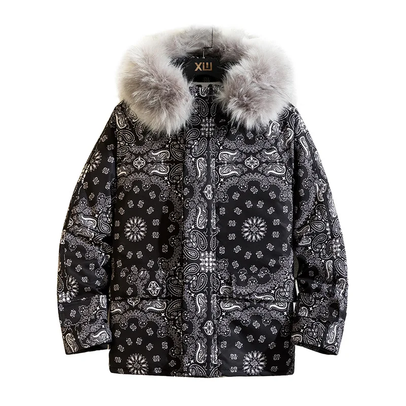 2021 winter new loose cashew flower thickened hooded padded jacket men's  printing casual padded jacket men