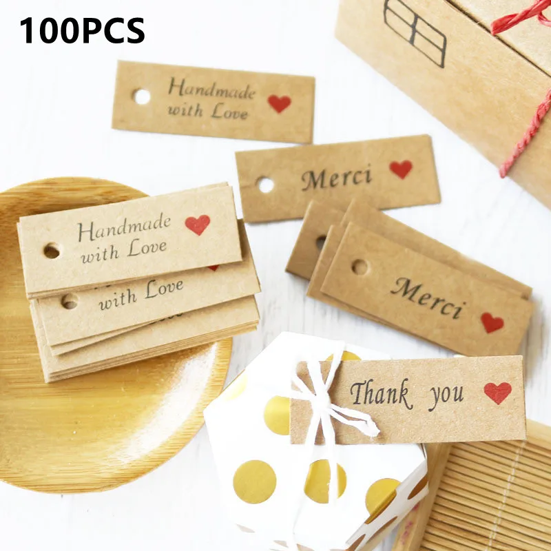 

100pcs Thank you Kraft Paper Tags Handmade with Love Hang Tags Garment Tags for Candy Gift Cookies Display Packing Label Card