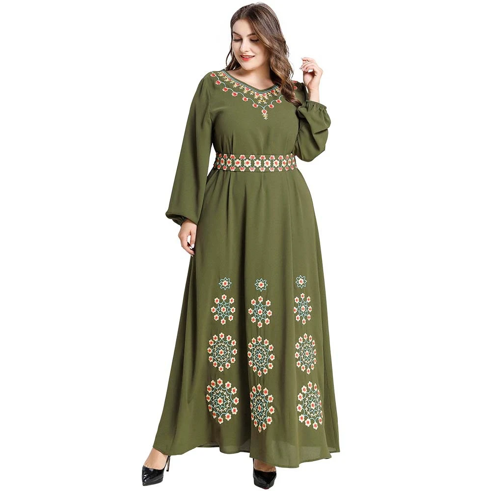 Мусульманское платье макси для женщин длинное с вышивкой растений V-образным