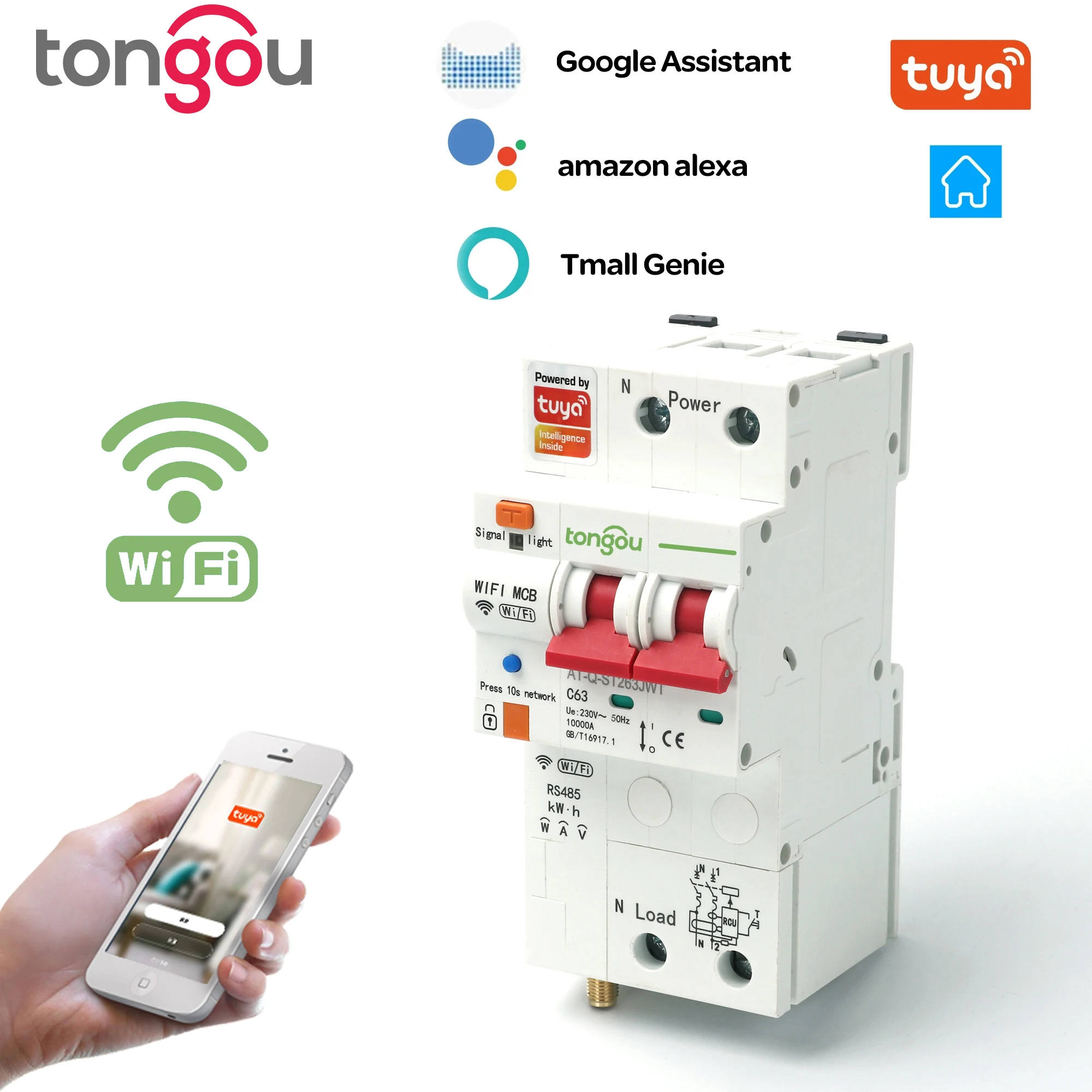 

TUYA 2P однофазный RCBO WIFI умный измеритель энергии кВт/ч измерительный мониторинг цепи таймер выключателя реле с защитой от утечки 63a