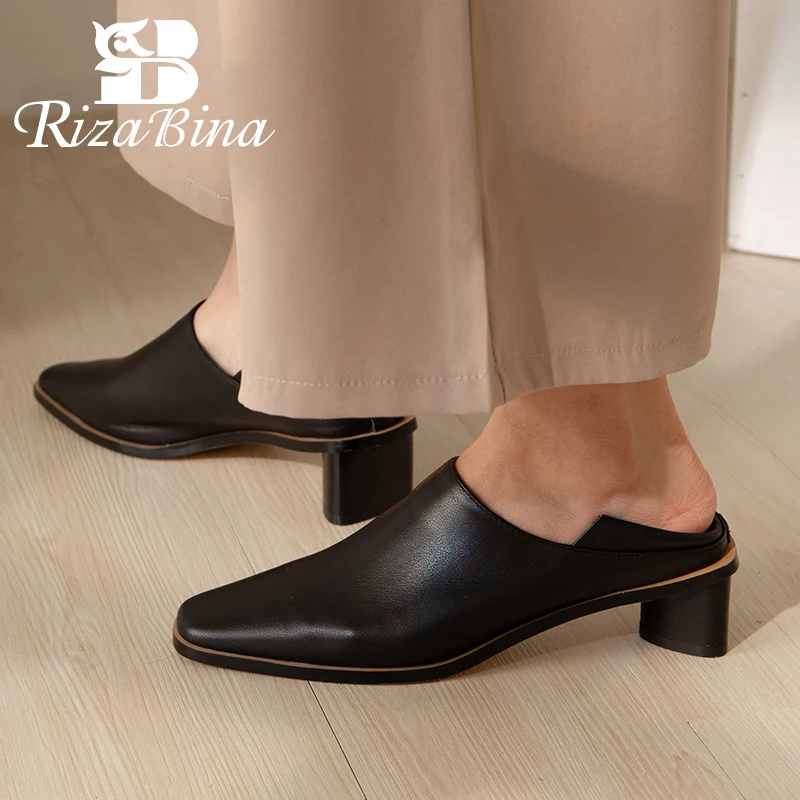 

RIZABINA Women Pumps Real Leather Square Toe Casual Spring High Heel Shoes Woman Retro Daily Office Lady Footwear Size 34-40