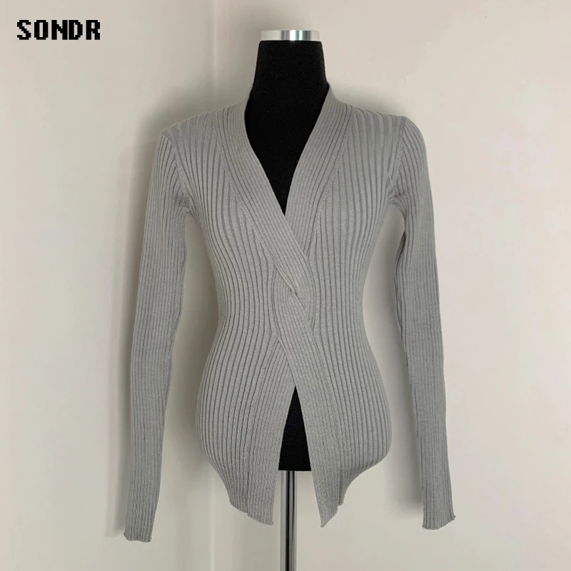 

V-Neck Crossover Design Long Sleeve Pullover Knitted Sweater 2021 Spring Autumn New Korean Fashion Ladies Sweater Slim Tops