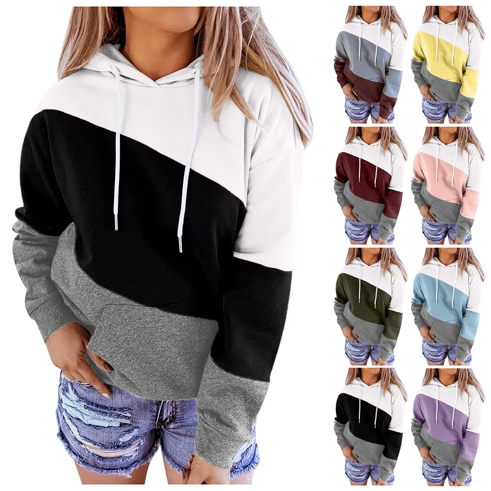 

Women's Casual Contrast Color Long Sleeve Top Pullover Sweatshirt Hooded Long Sleeve Sweater Harajuku Loose Fashion Sweater