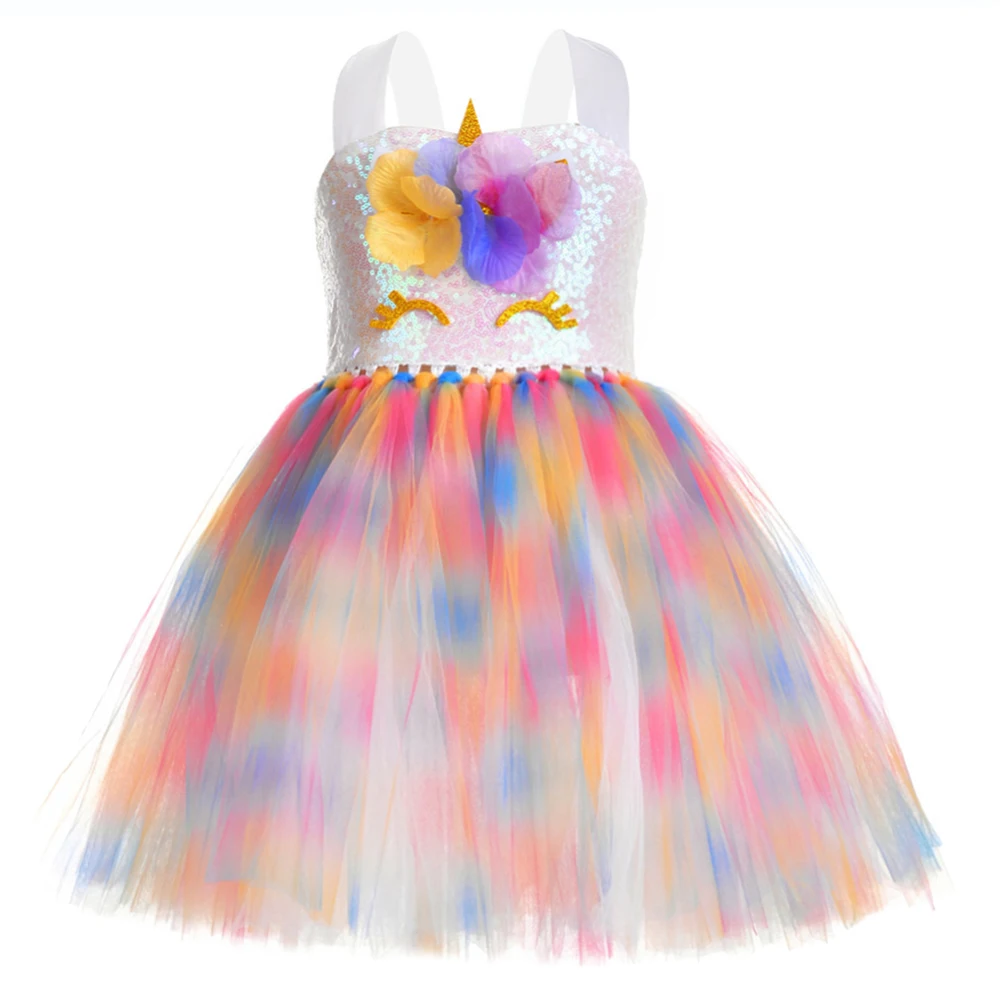 Rainbow Sequin Tulle Tutu Unicorn Dress Girls Flower Birthday Party Vestido Unicornio Summer Princess Kid Costume | Детская одежда и