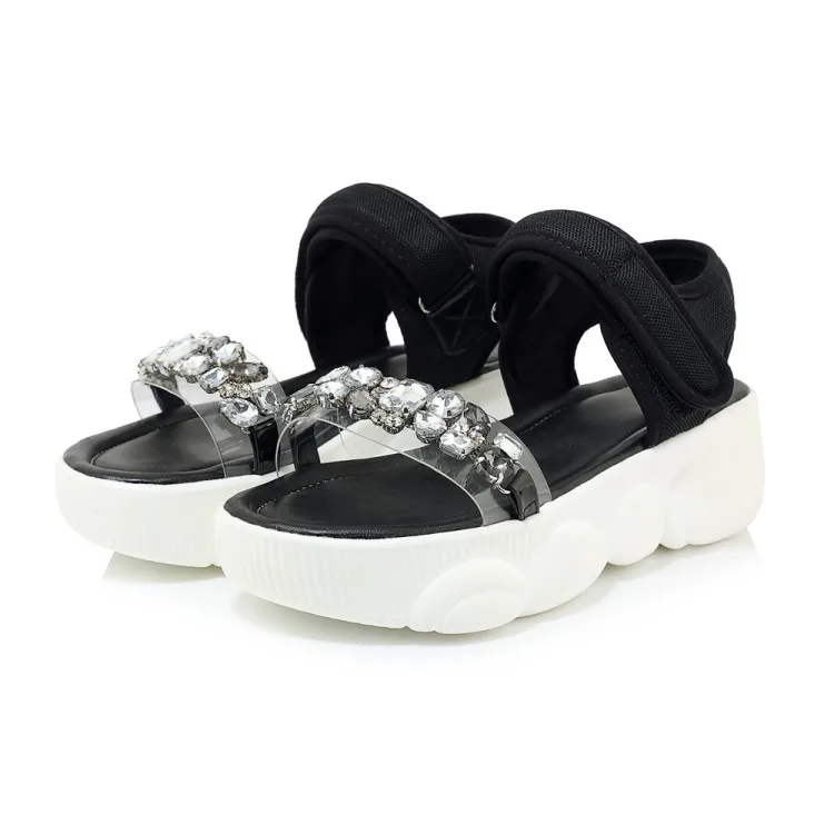 

Rhinestone Sandals Espadrilles Platform Open Toe Large Size Shoes Suit Female Beige Clear Heels Muffins shoe 2021 Summer High P
