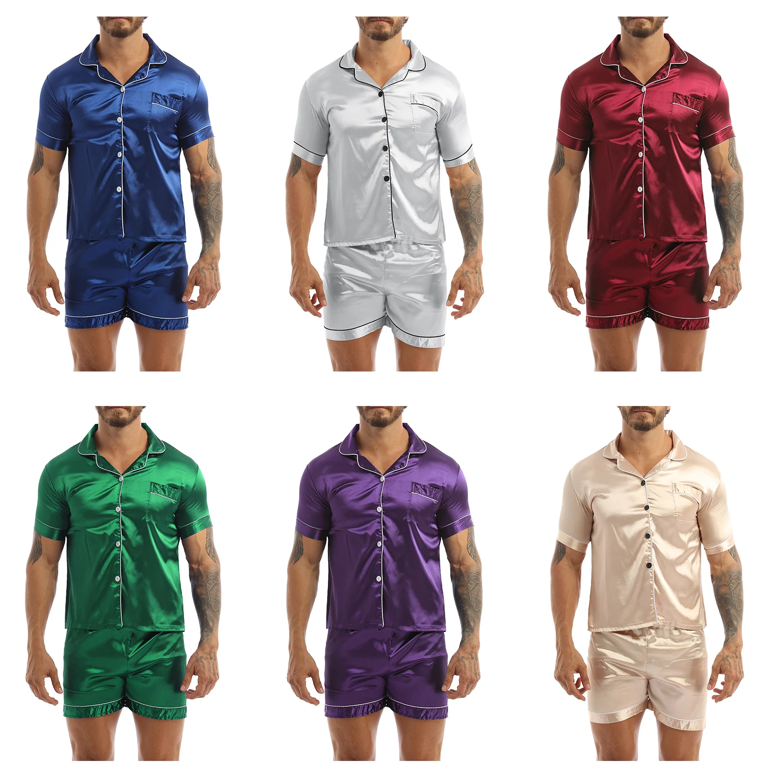 

2Pcs Mens Satin Pajamas Set Summer Soft Short Sleeve Silk Sleepwear Tops Shorts Pajama Homewear Loungewear Suits Plus Size