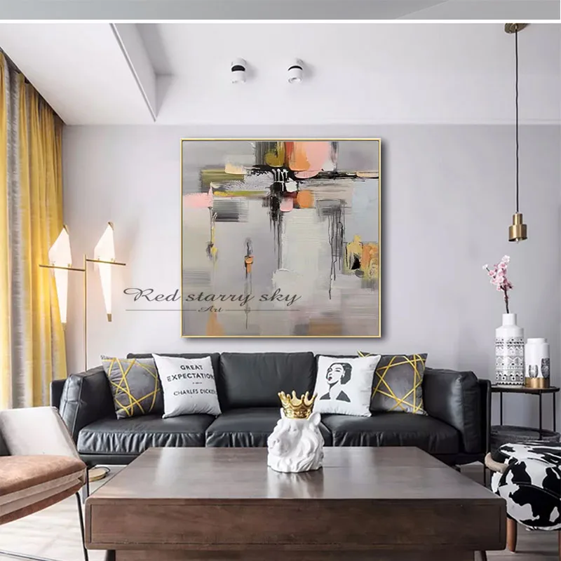 

Modern abstract line gray canvas art painting living room bedroom hand-painted home decoration large wall decoration