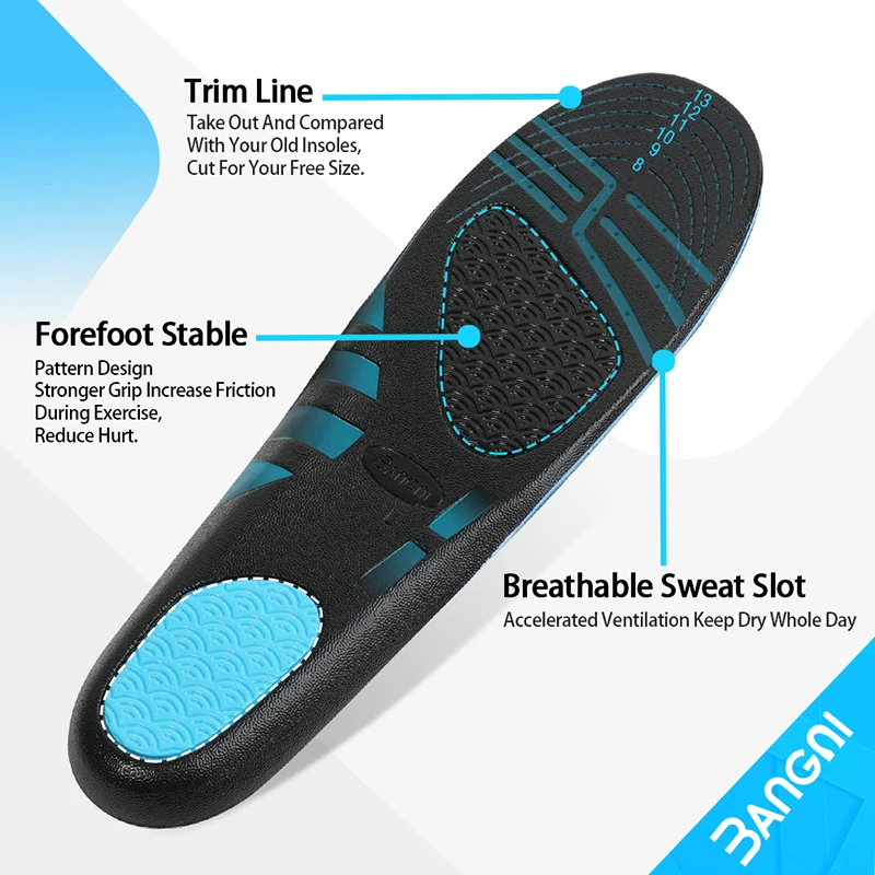 3ANGNI PU Sport Insoles Women Men GEL Pad For Feet Memory Foam Arch Support Relieve Pressure All-Day Sports Soft Light Insoles