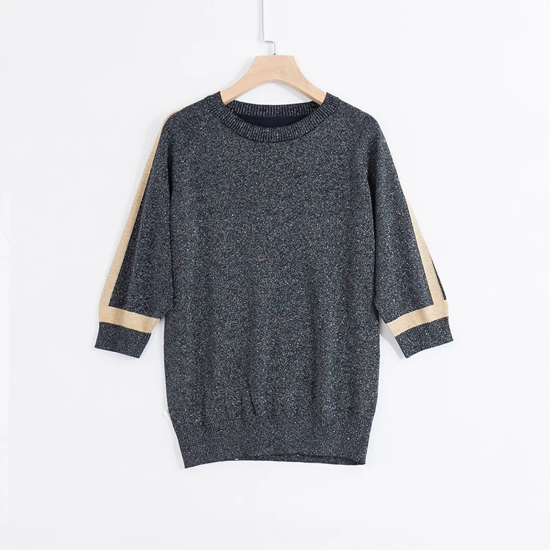 

O-Neck Short Sleeve Bright Silk Knitted T-Shirt Women Thin Side Stripe Pullover Female Plus Size 4XL Summer Loose Knitwear Tops