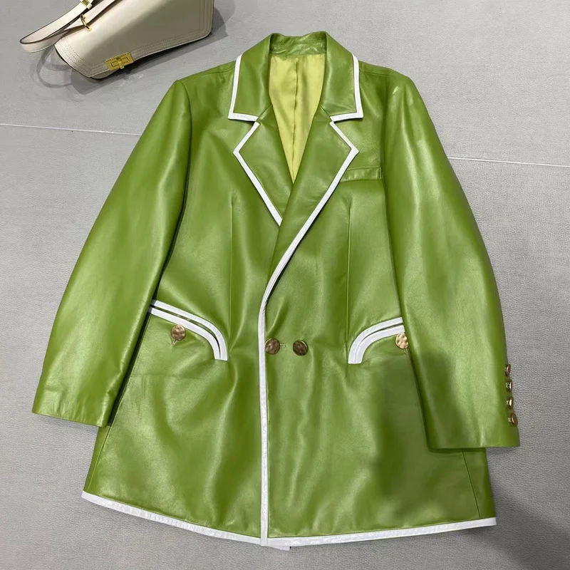 

Женская куртка из натуральной овечьей шкуры SHZQ, весенняя куртка стандартной длины, пальто авокадо зеленого цвета с отложным воротником, жен...