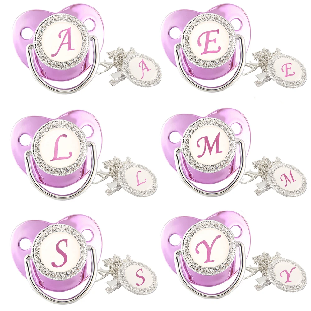 

Bling 26 Name Initial Letter Baby Pacifier With Clip Metal Purple Silver Newborn Dummy Soother BPA Free 0-12 Month Infant Nipple