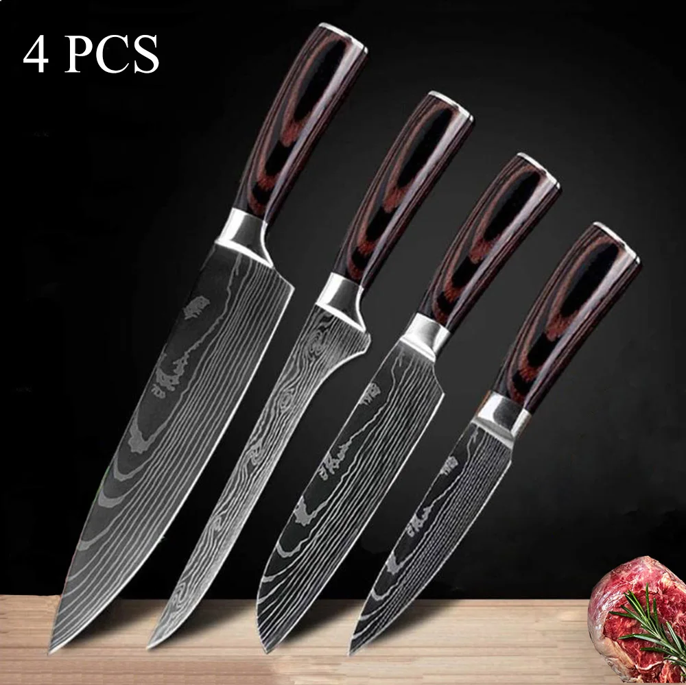 

4 PCS Kitchen knives Set Professional Chef Knives Stainless Steel Imitation Damascus Pattern Santoku Cleaver Slicing