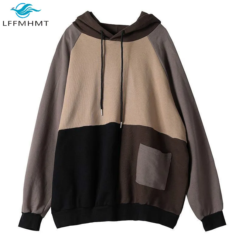 

Women Spring High Sleeve Drawstring Hooded Sweatshirt Office Lady Vintage Contrast Color Patchwork Oversized Casual Loose Tops