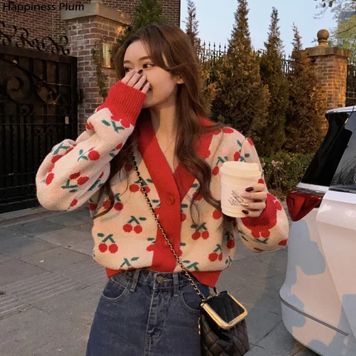 

Cherry Crochet Cardigan Women Clothes Vinage Knitted Cropped Sweaters Female Loose Chic Pull Femme Korean Fashion Sueter