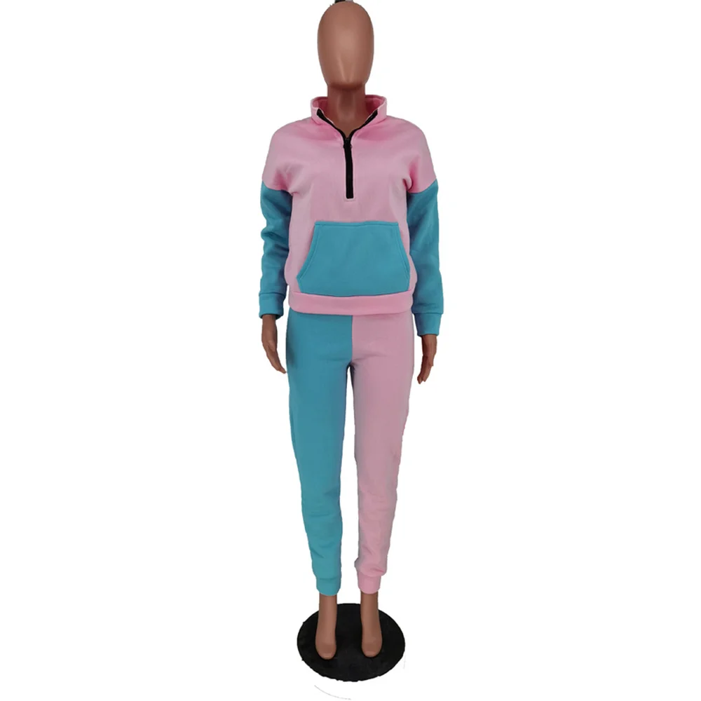 

New Color Block Spliced Zip Hoodie And Stacked Pleated Pants Two Piece Set Women Casual Long Sleeve Sportswear Workout Slim Sets