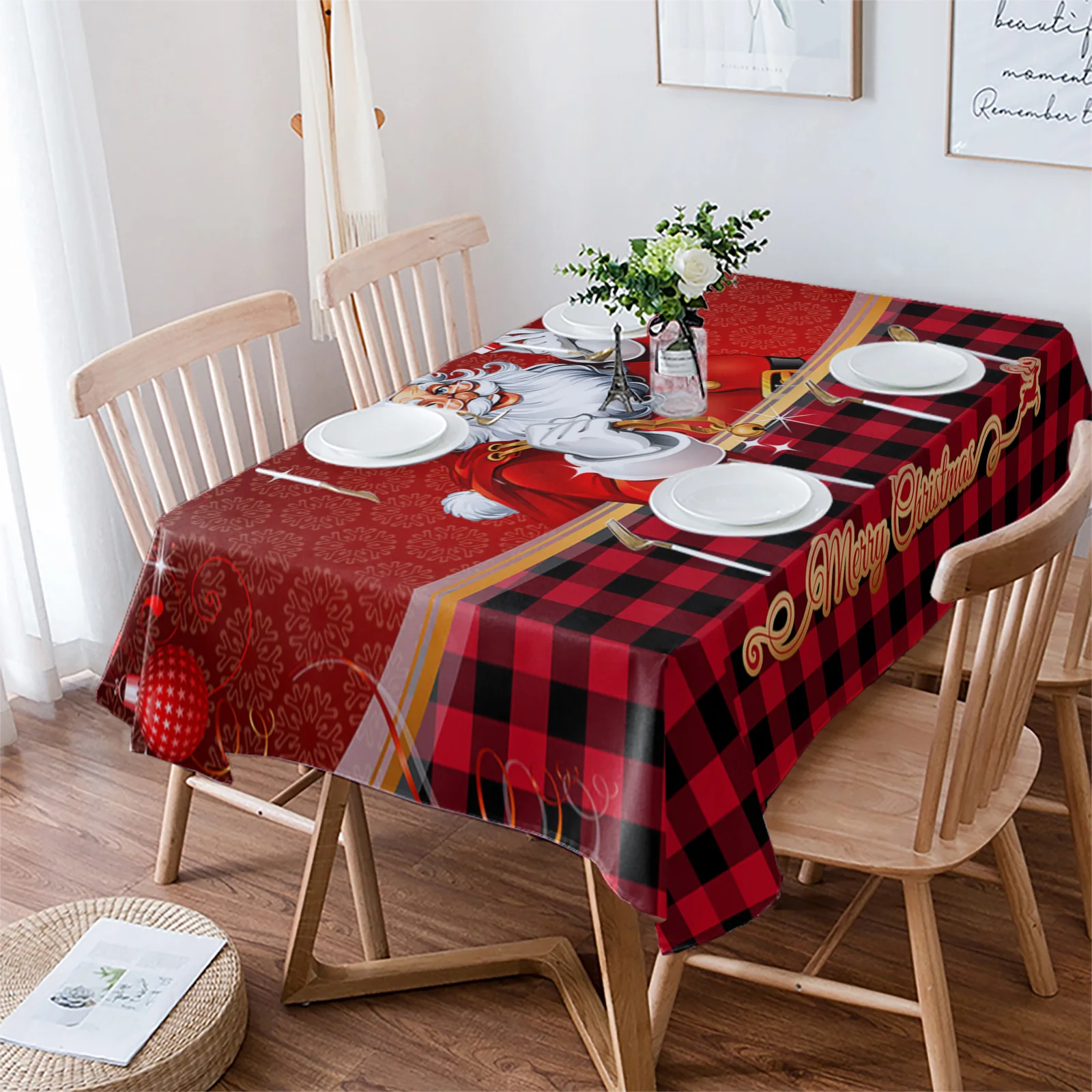 

Christmas Santa Claus Black Red Plaid Gift Decoration Ball Table Cloth Dining Table Cover Kitchen Home Decor Tablecloth