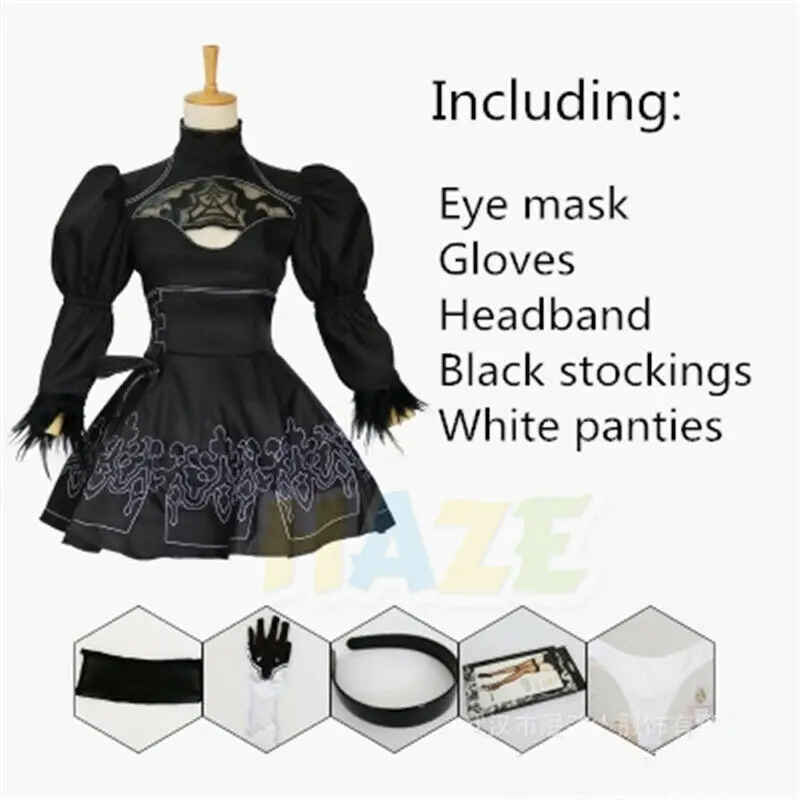 

Anime NieR:Automata 2B Black Dress Suit Cosplay Costume Full Set Gloves Eyepatch Socks Women Dress Halloween