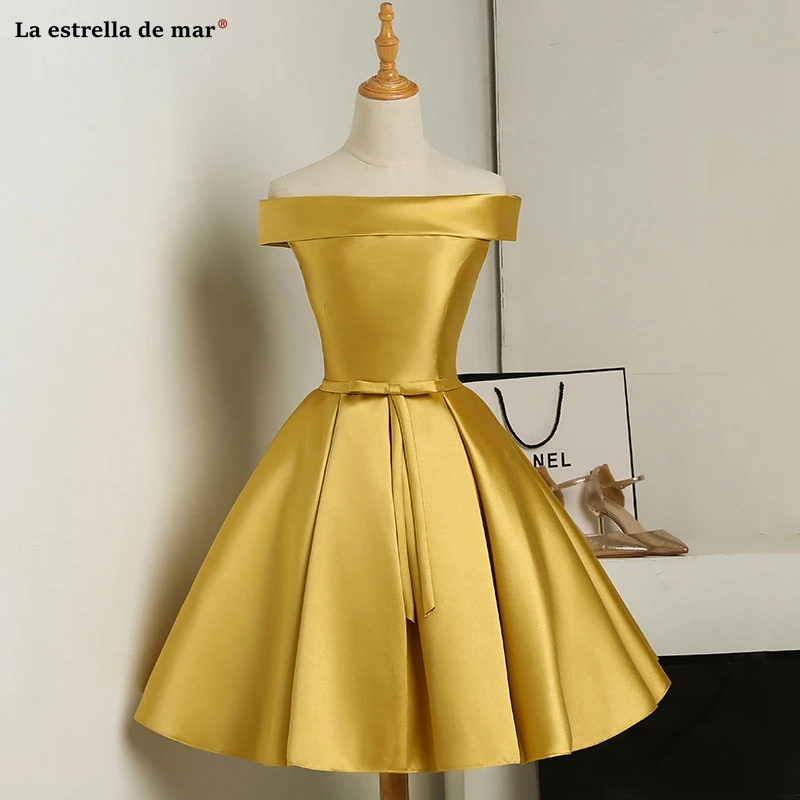 Vestido madrinha новые атласные платья подружки невесты с открытыми плечами и открытой спиной, золотое, королевское, голубое, фиолетовое, розовое, длина до колена, свадебные g
