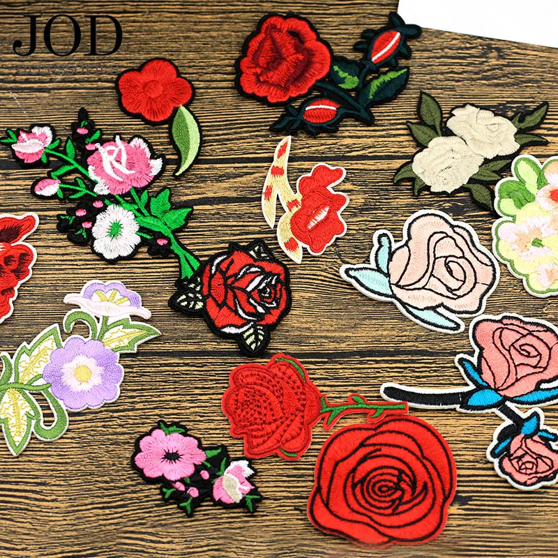 Вышитая красная Цветочная нашивка аппликация роза железные нашивки для одежды