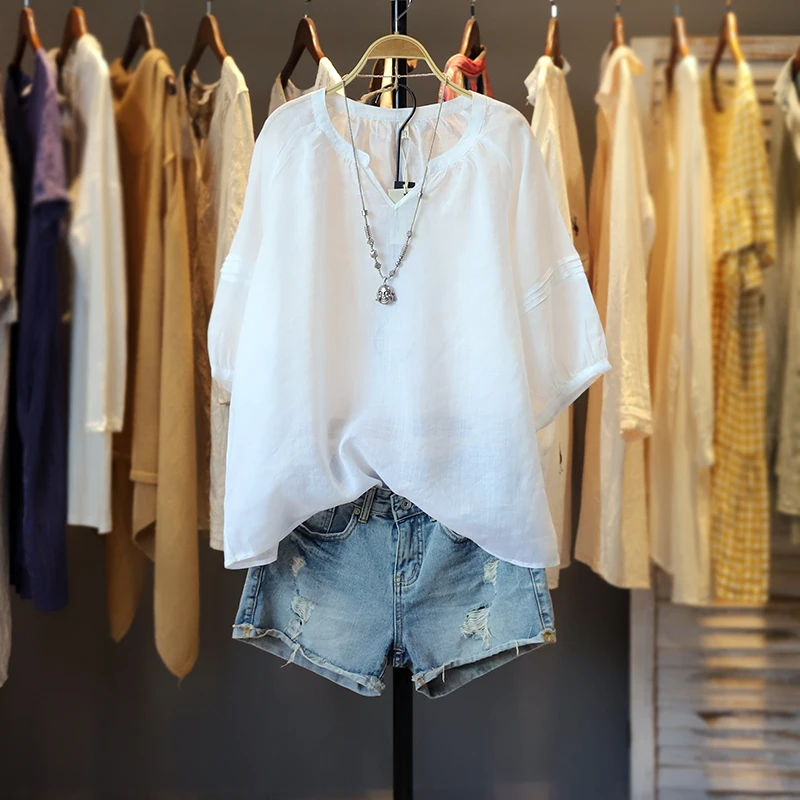 

Summer Women Loose Plus Size Natural Fabric Comfortable Breathable Thin See-through Linen White V-neck Pullover Shirts/Blouses