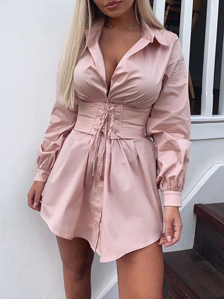 JillPeri Autumn Long Sleeve Shirt Dress with Corset Belt Solid Sexy Elegant Outfit Office Lady Street Wear Party Dress Set