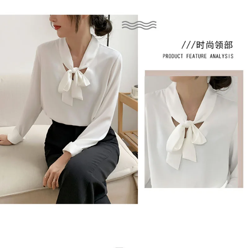 

Fashion Women White Blouses Office Lady for Women Long Sleeve Bow Women Tops Casual V-neck Elegant Women Shirts 6073 50