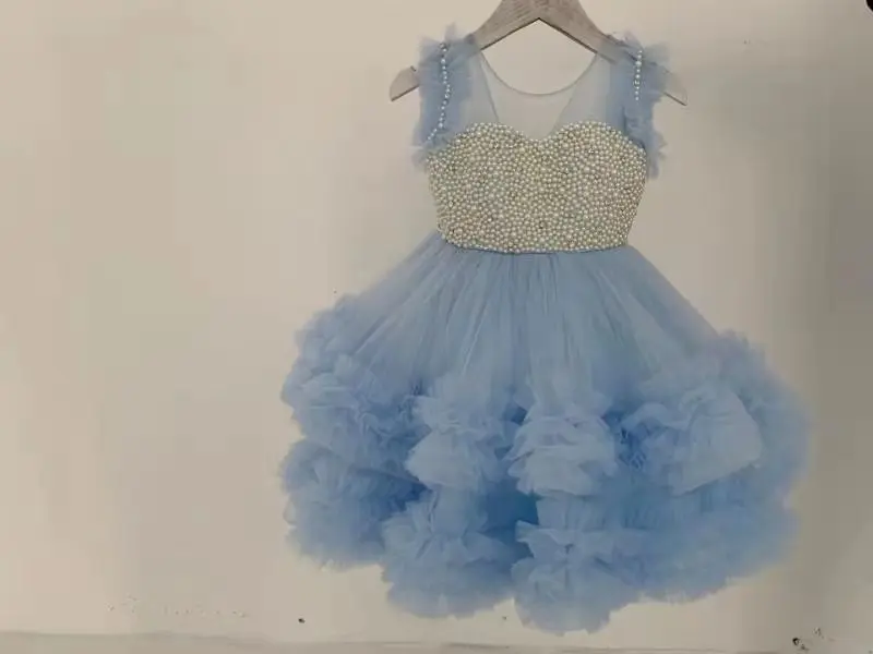 

Pink Princess Dress Pearl Beaded Puffy First Communion Dress Flower Girl Dresses Cute Children Girls Dress First Gown