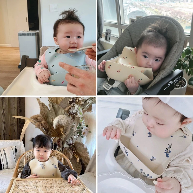 

T5EC Cartoon Printing Baby Bibs Waterproof Soft Silicone Baby Feeding Catcher Adjustable Roll up Food Pocket for Infants Newborn