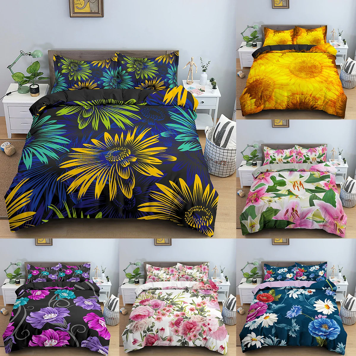 

Luxury 3D Print Flower Bedding Comforter Cover Set Queen King size Bright SunFlower Lily Leaf Duvet Cover With Pillowcase 2/3Pcs