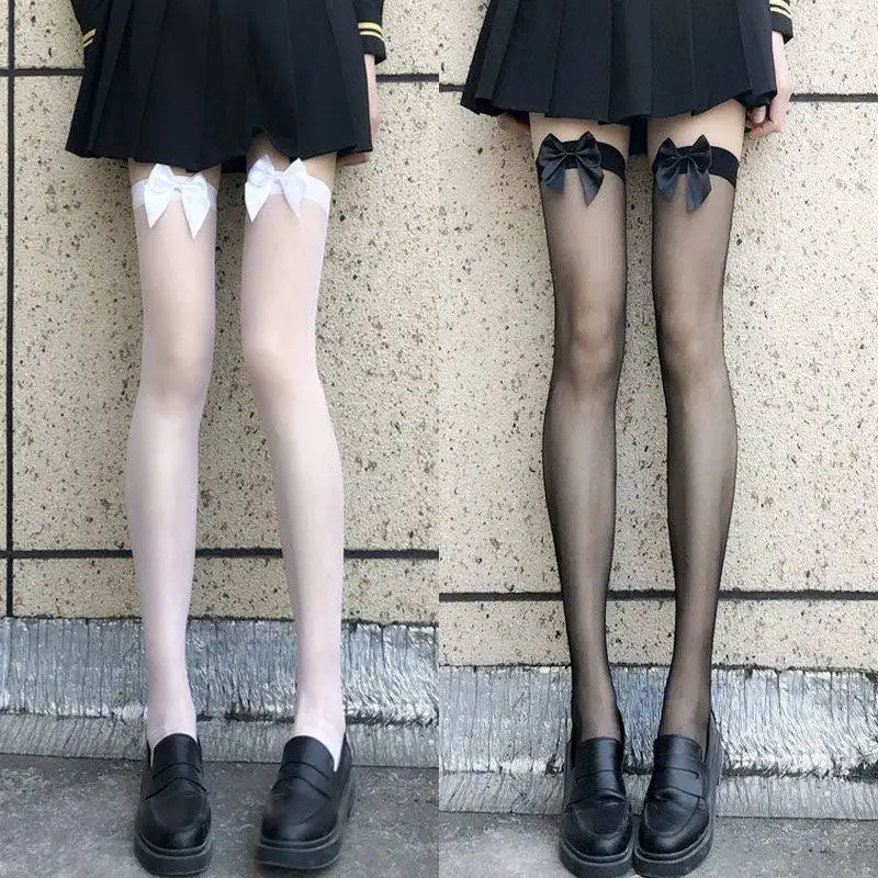 

New Black and White Bowknot Long Tube Thigh Socks Ladies Lolita Fishnet Ultra-thin Cute Sexy College Style High Tube Stockings