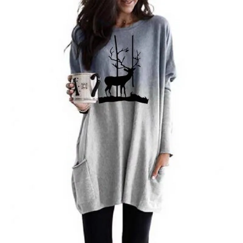 

2020 Spring and Autumn Women's Leisure Walking Shopping Forest Deer Printing Gradient Long Sleeve Leisure Pocket T-shirt