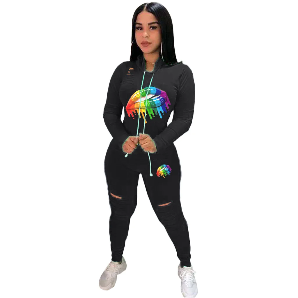 Зимний женский комплект с принтом в виде рта толстовки свитшоты леггинсы штаны