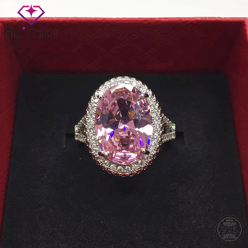 

HuiSept Luxury 925 Silver Jewelry Women Ring Oval Shape Pink Zircon Gemstones Open Rings for Women Wedding Party Gift Wholesale