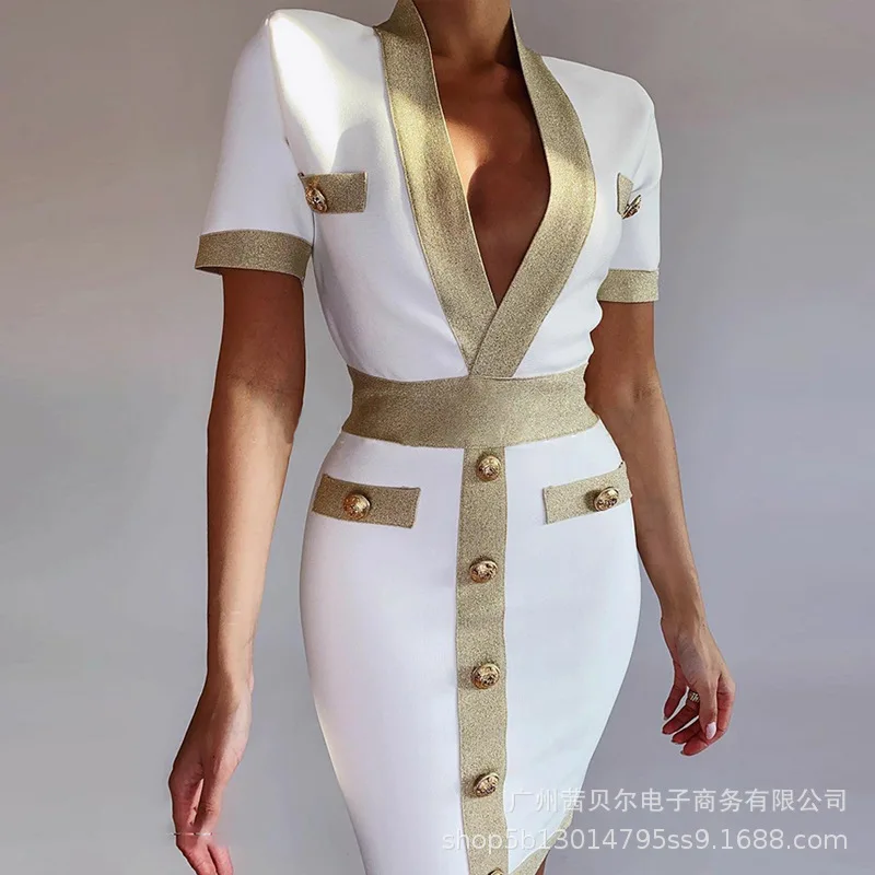 

Мини-платье женское с коротким рукавом, элегантное пикантное модное Повседневное платье с бахромой, на пуговицах, с V-образным вырезом и выс...