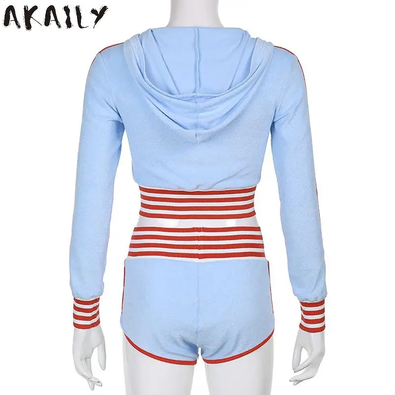 

Akaily Summer Striped Patchwork 2 Two Piece Sets Womens Hooded Crop Top Skinny Shorts Sets Female Fitness Sports Matching Sets